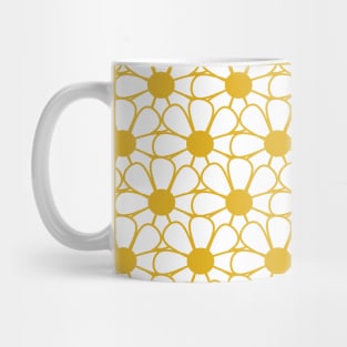 Polka Dot Daisies - Cheerful Retro Geometric Floral Pattern in Mustard and White Mug